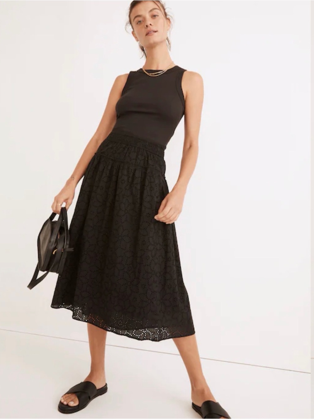 Madewell NWT Black Eyelet Lace Pull-On Midi Skirt Floral Cotton $98 Sz XL